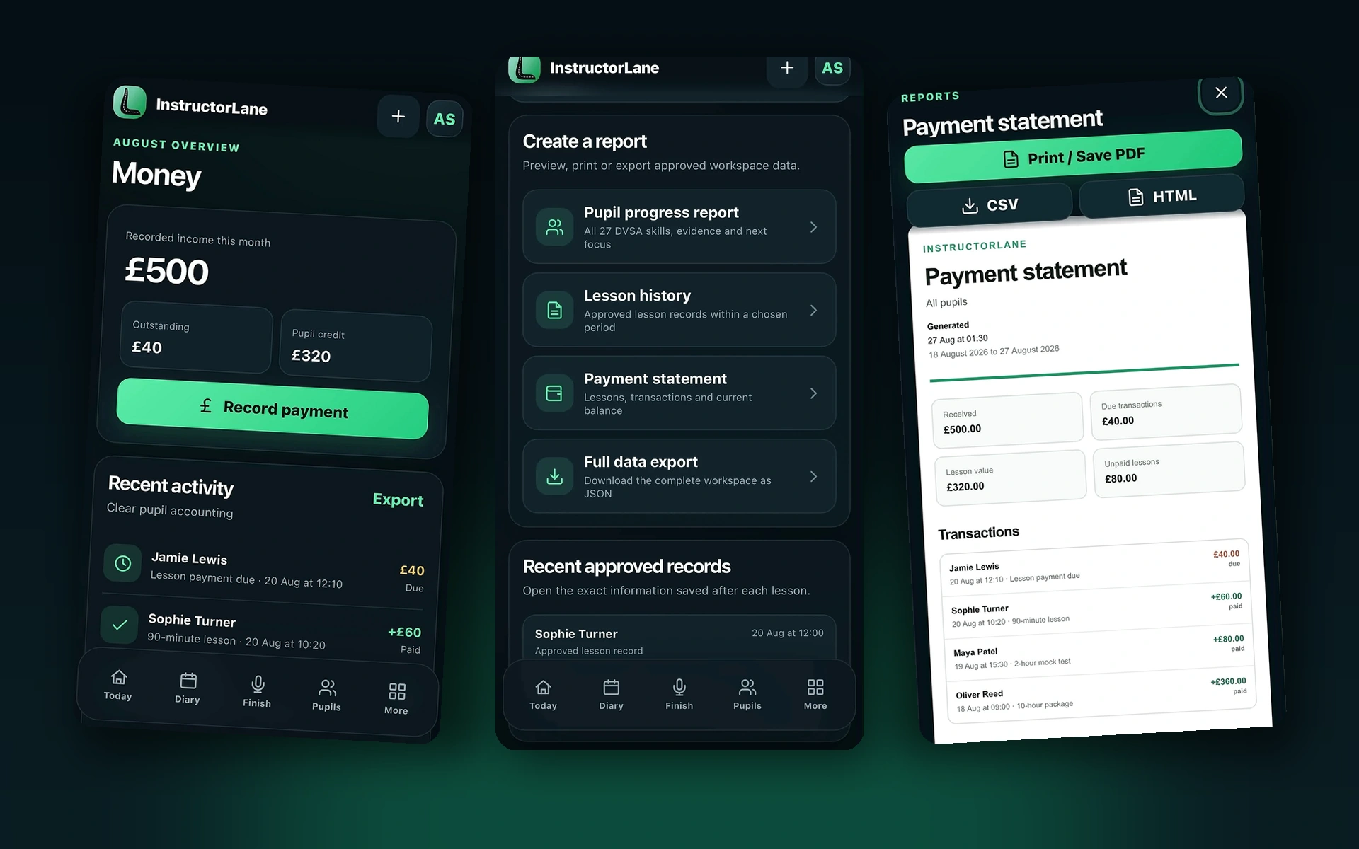 InstructorLane money, reports and payment statement screens