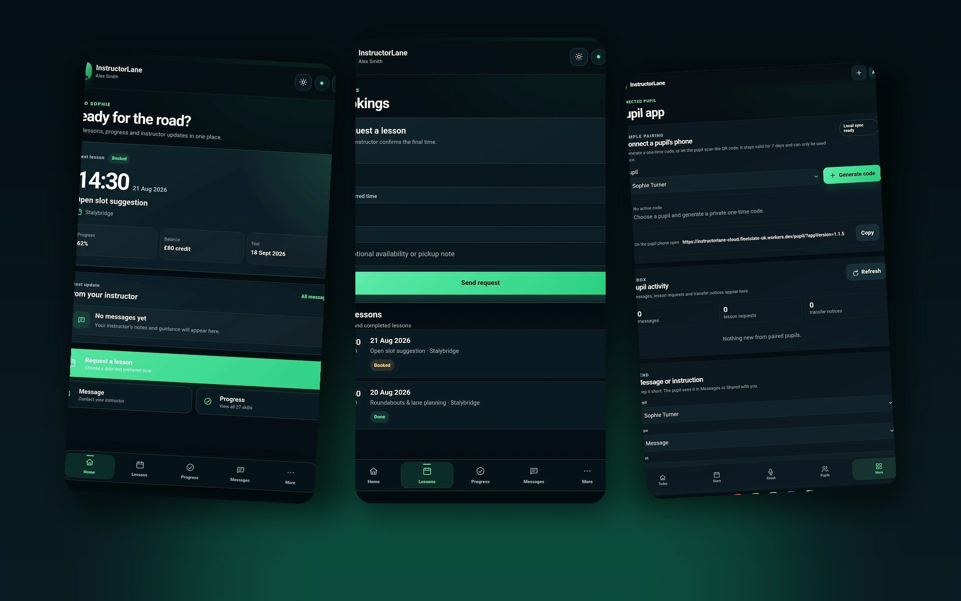 InstructorLane pupil app screens for home, bookings and connection