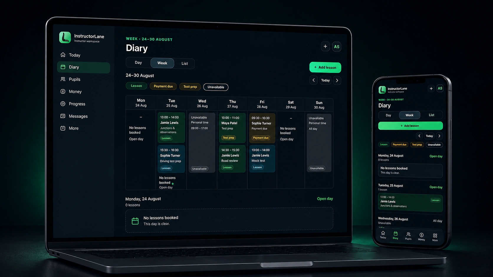 InstructorLane diary on laptop and phone