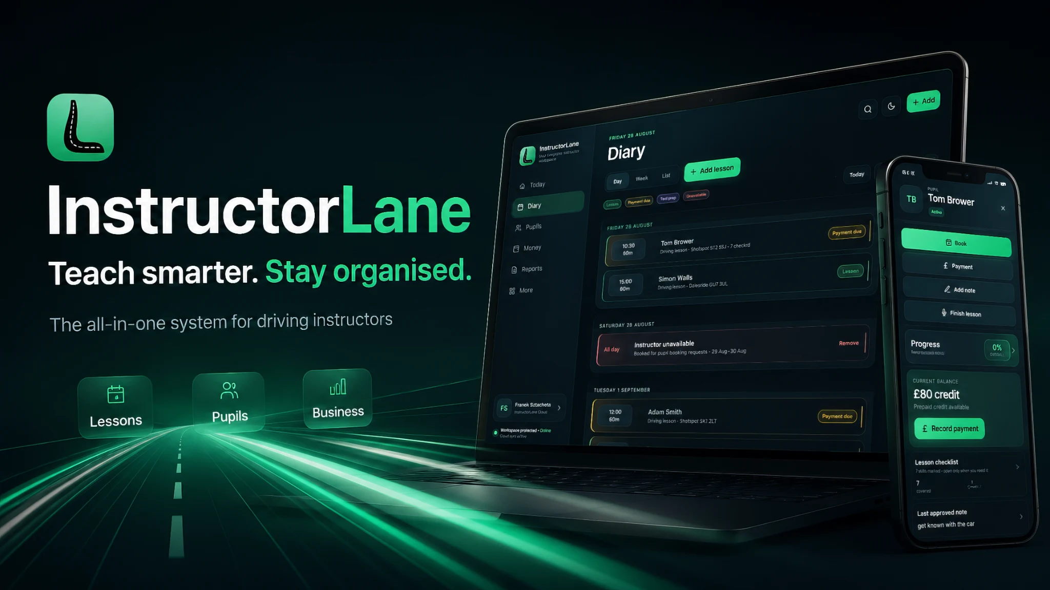 InstructorLane promotional hero artwork with the product preview displayed across desktop and mobile devices