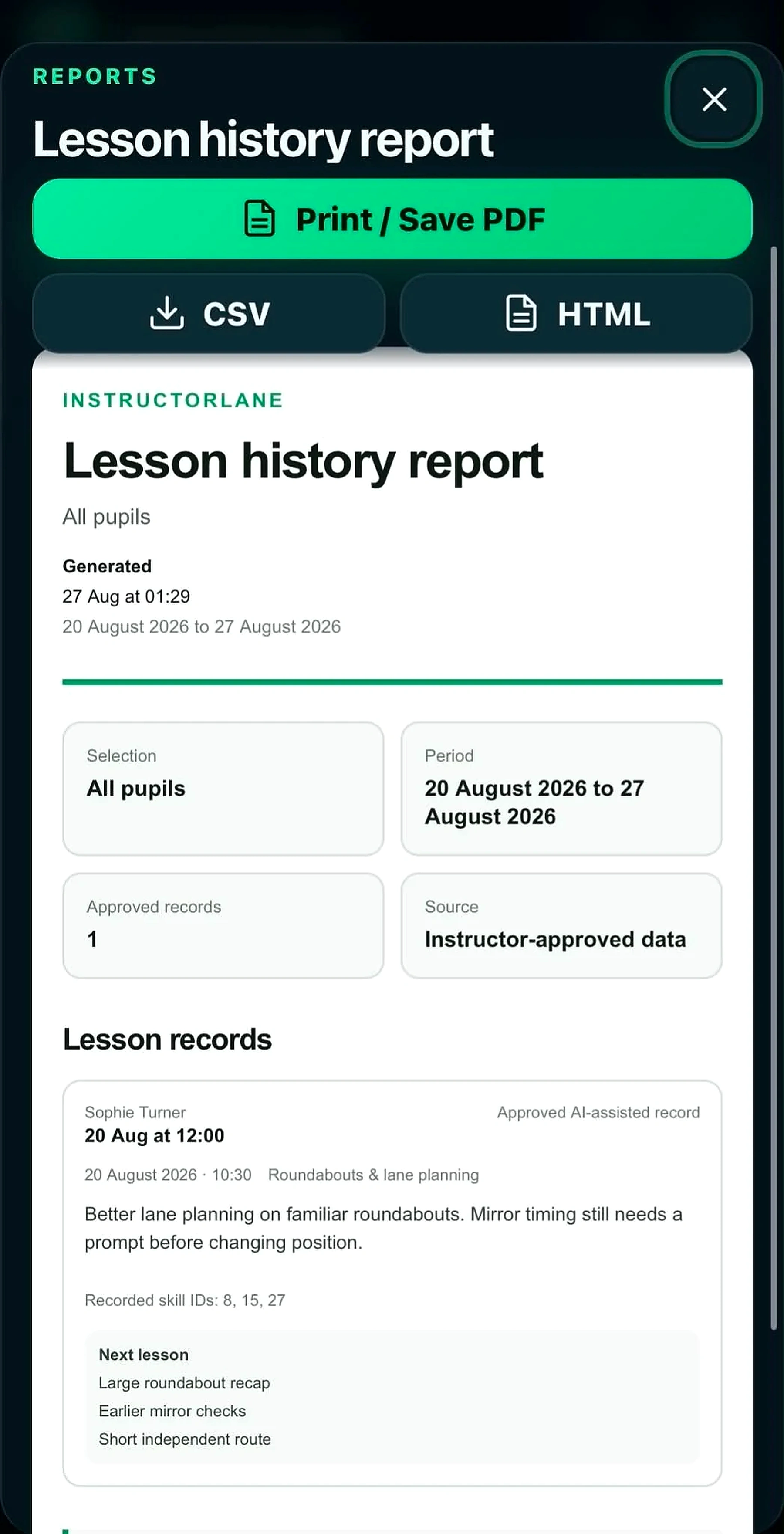 InstructorLane lesson history report