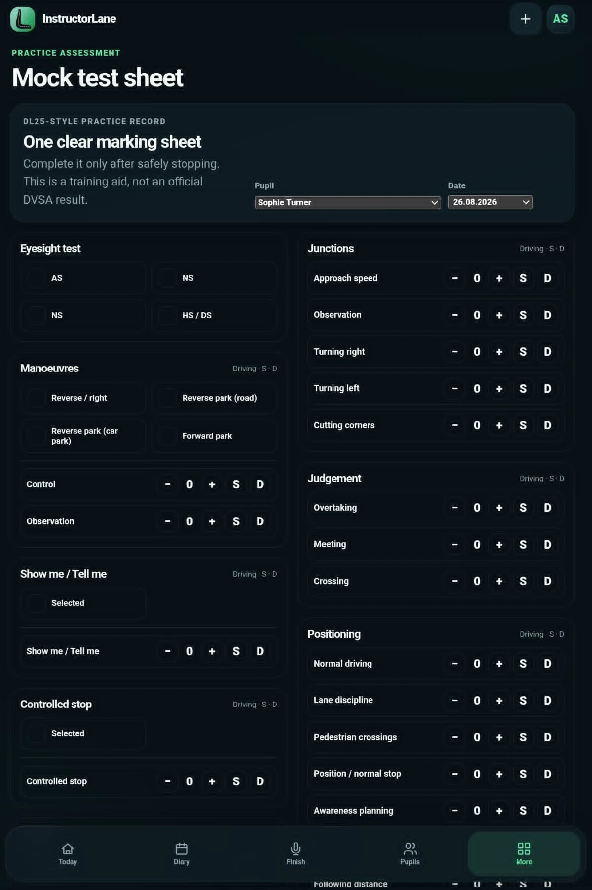 InstructorLane Mock tests and Highway Code tools screen