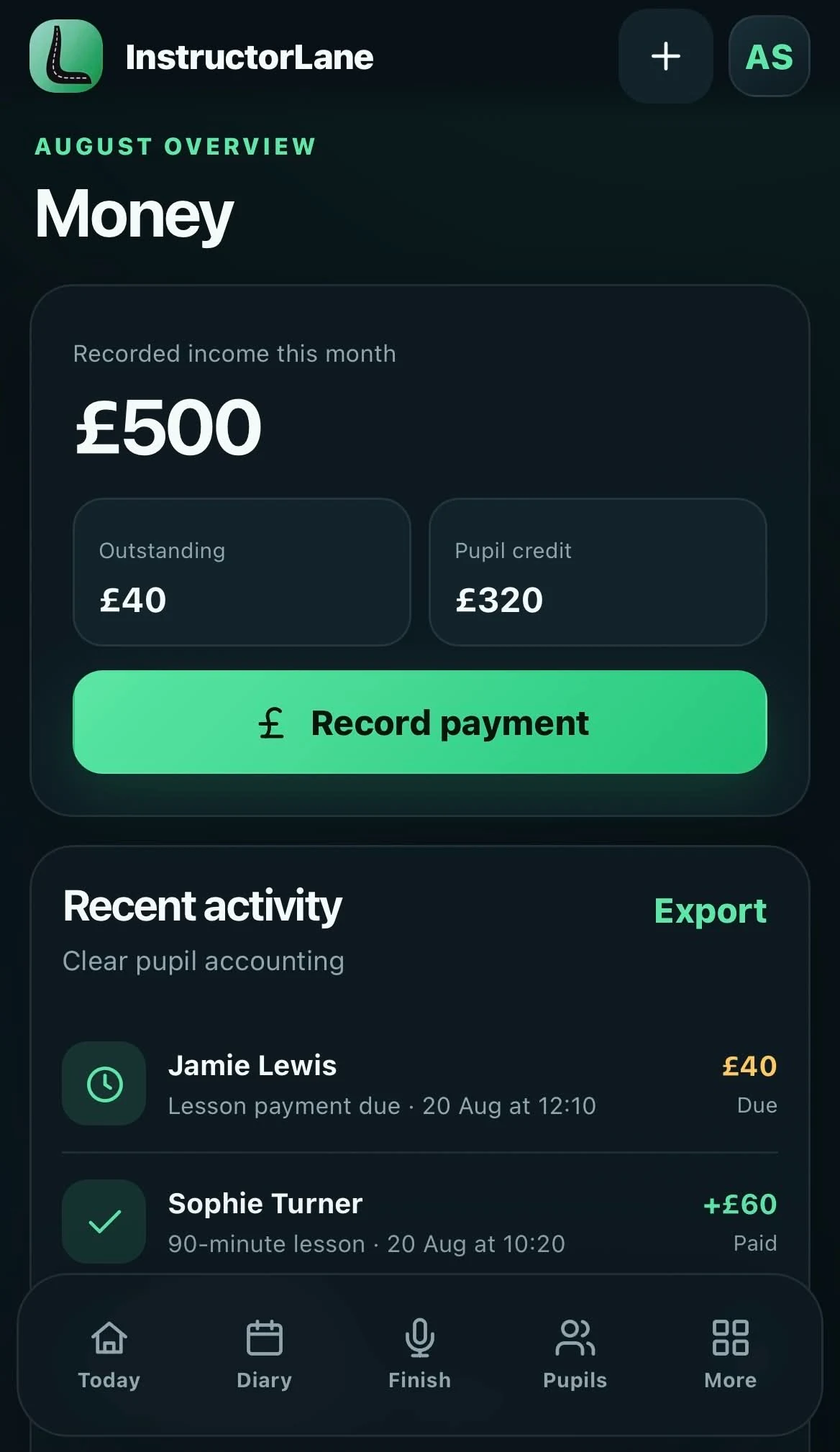 InstructorLane Payments and professional reports screen
