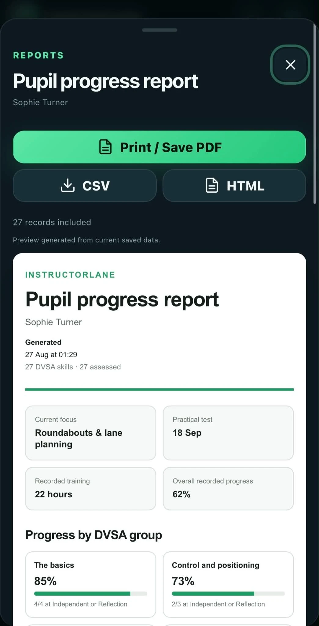 InstructorLane pupil progress report generated from approved records