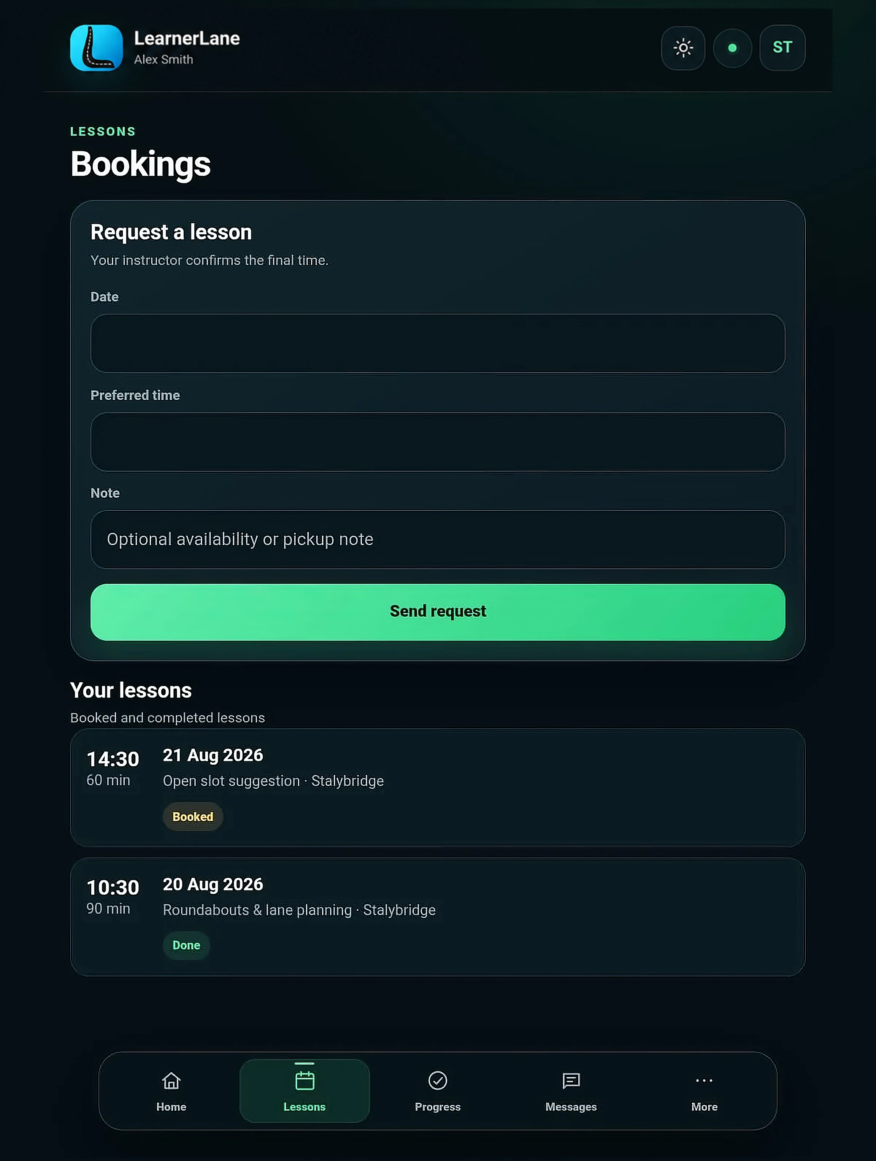 LearnerLane pupil booking screen