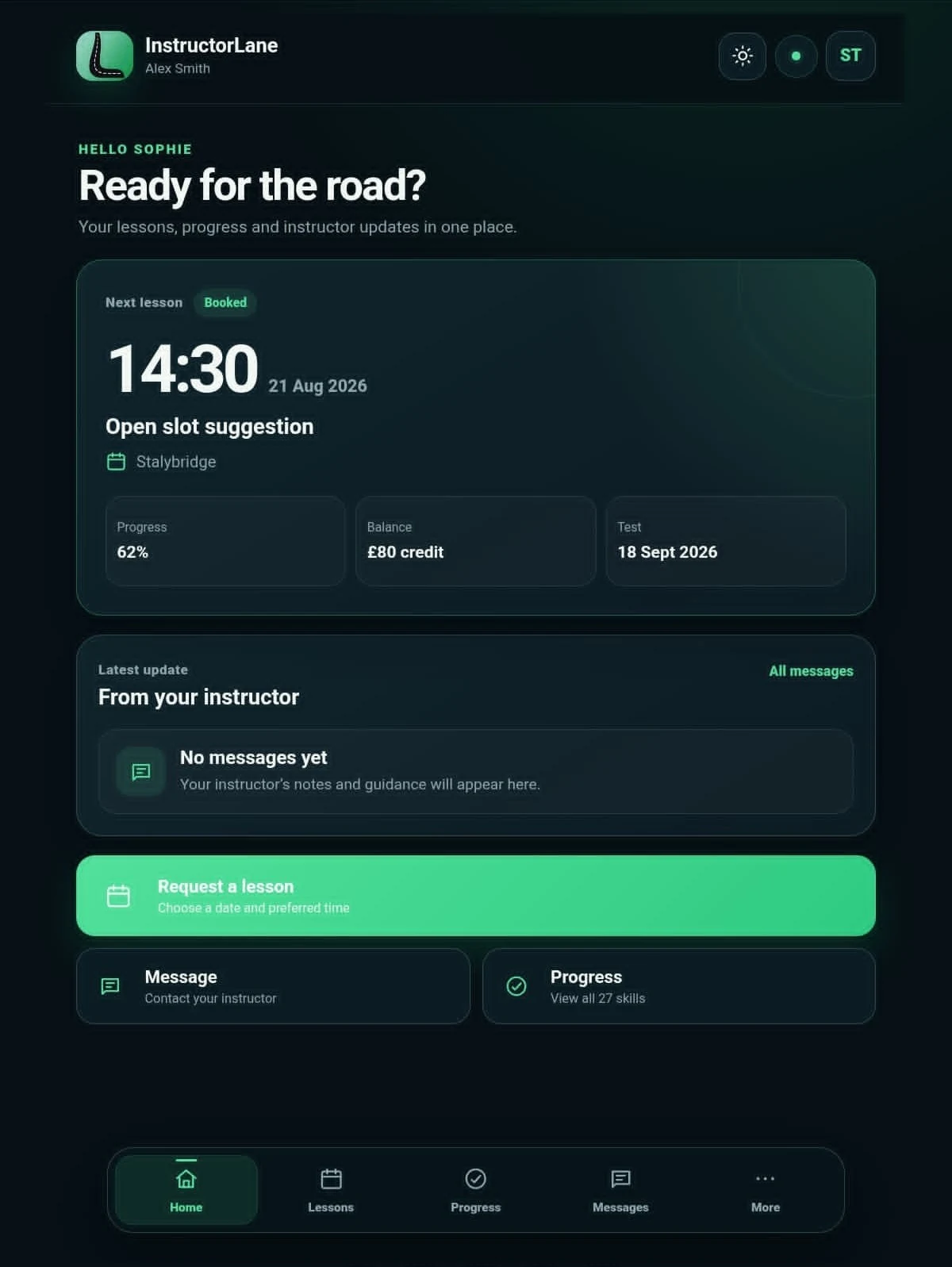 InstructorLane A connected pupil app screen