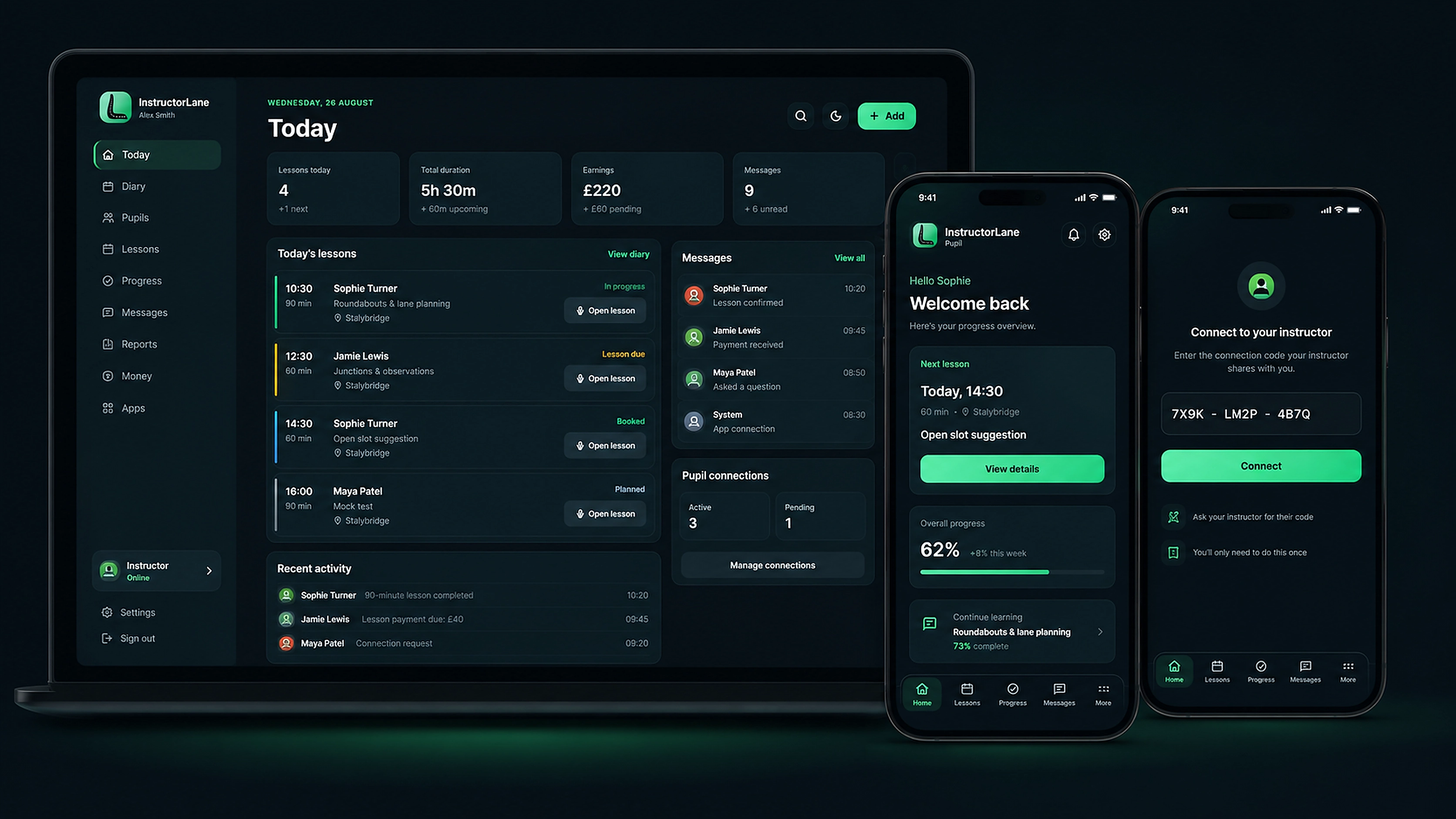 InstructorLane dark instructor app across desktop and mobile
